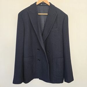 Zara Men's Navy Herringbone Blazer Double Breasted Linen Blend Suit Jacket US40